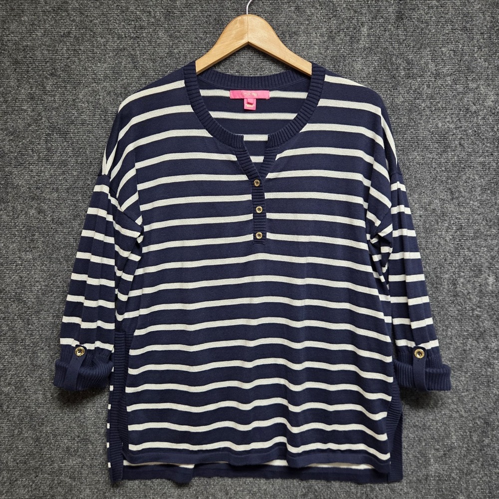 Lilly Pulitzer Womens Medium Blue Faraway Sweater Moonlight Oversized Preppy